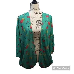 Charming Charlie Chiffon Shrug Green Floral Cardigan Size Small